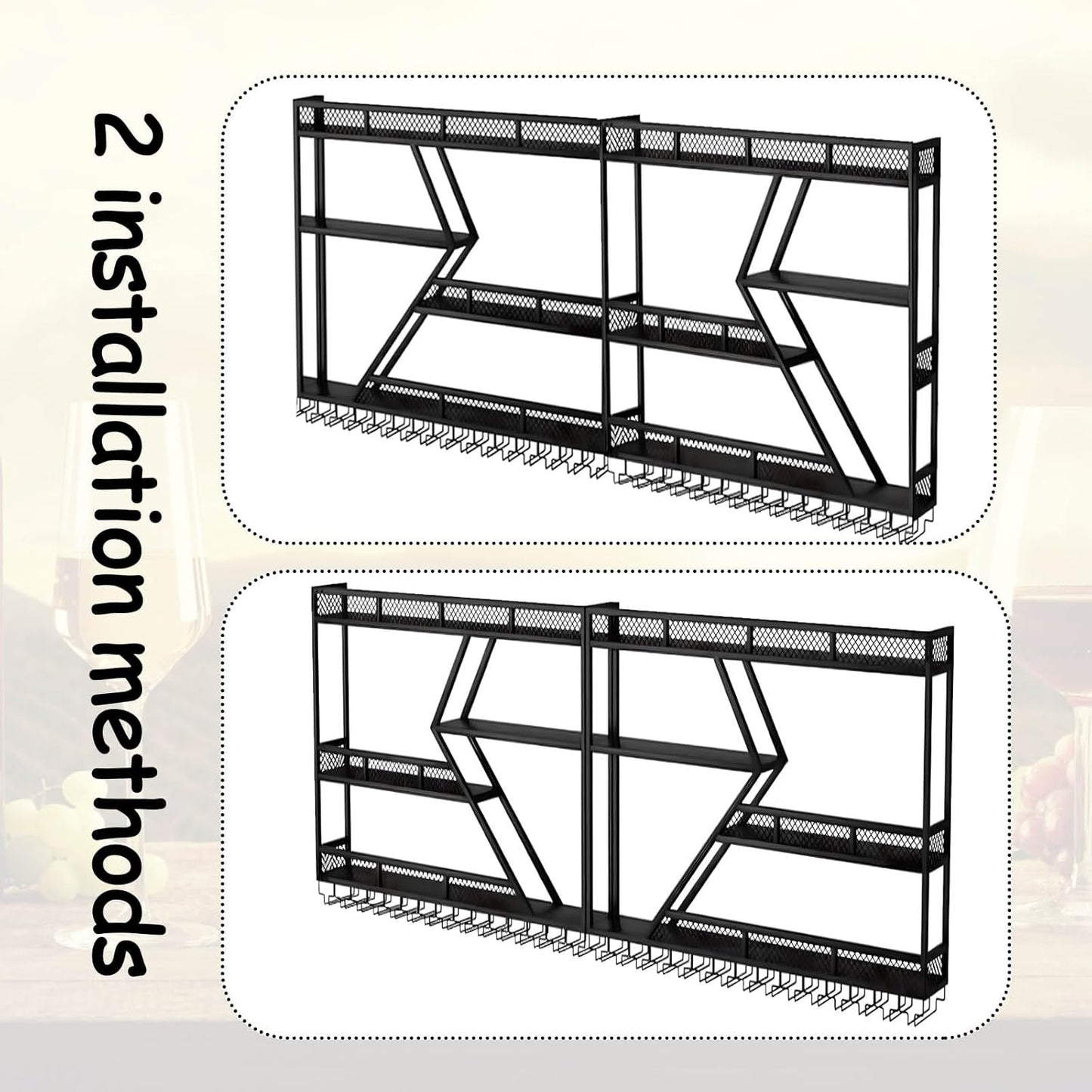 Wall Mounted Wine Rack with Glass Holder, 3-Tier Metal Storage Shelf, Black Diamond Design, Wine Bottle Display with Stemware Storage (Black, 94.48in/240)