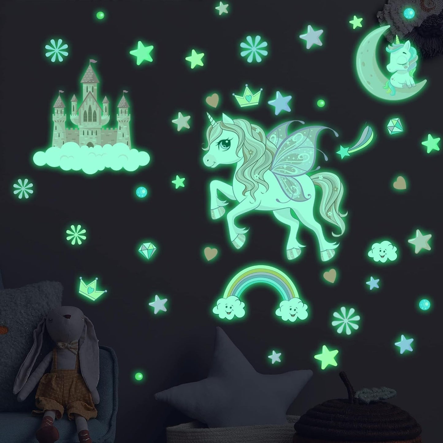 Glow in The Dark Stars Unicorn Wall Decals, Castle Moon Rainbow Stickers for Ceiling, DIY Unicorn Wall Decor for Nursery Girls Playroom, Kids Christmas Birthday Party Decoration