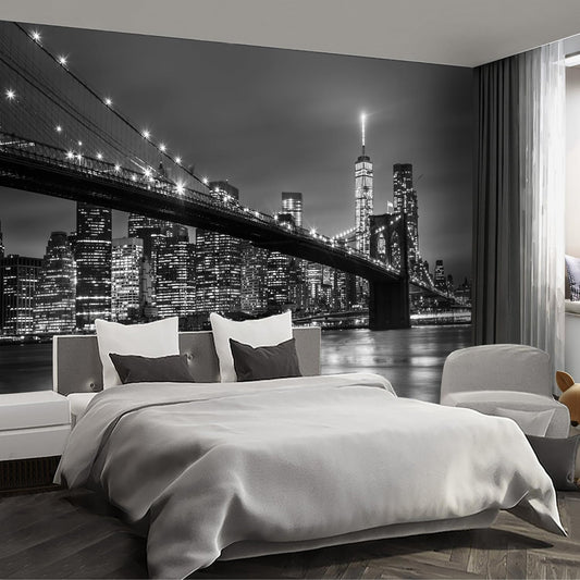 Gray Brooklyn Bridge at Night NYC Wall murals New York Peel and Stick Wallpaper for Bedroom Living Room - 85"x118"