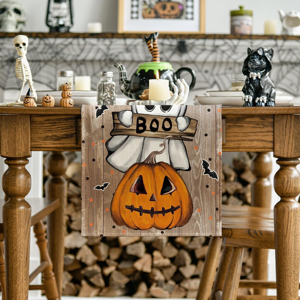 Artoid Mode Jack-O'-Lantern Ghost Pumpkin Cat Boo Halloween Table Runner, Bat Seasonal Kitchen Dining Table Decoration for Home Party Decor 13x72 Inch