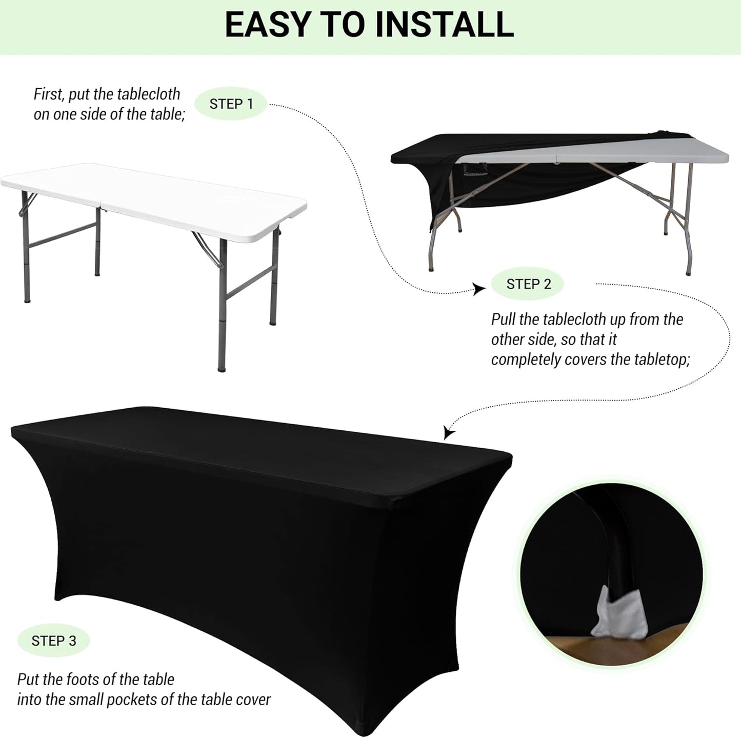 Obstal 4ft Stretch Spandex Table Cover - 4 Pack Universal Rectangular Fitted Tablecloth Protector for Wedding, Banquet and Party, Black