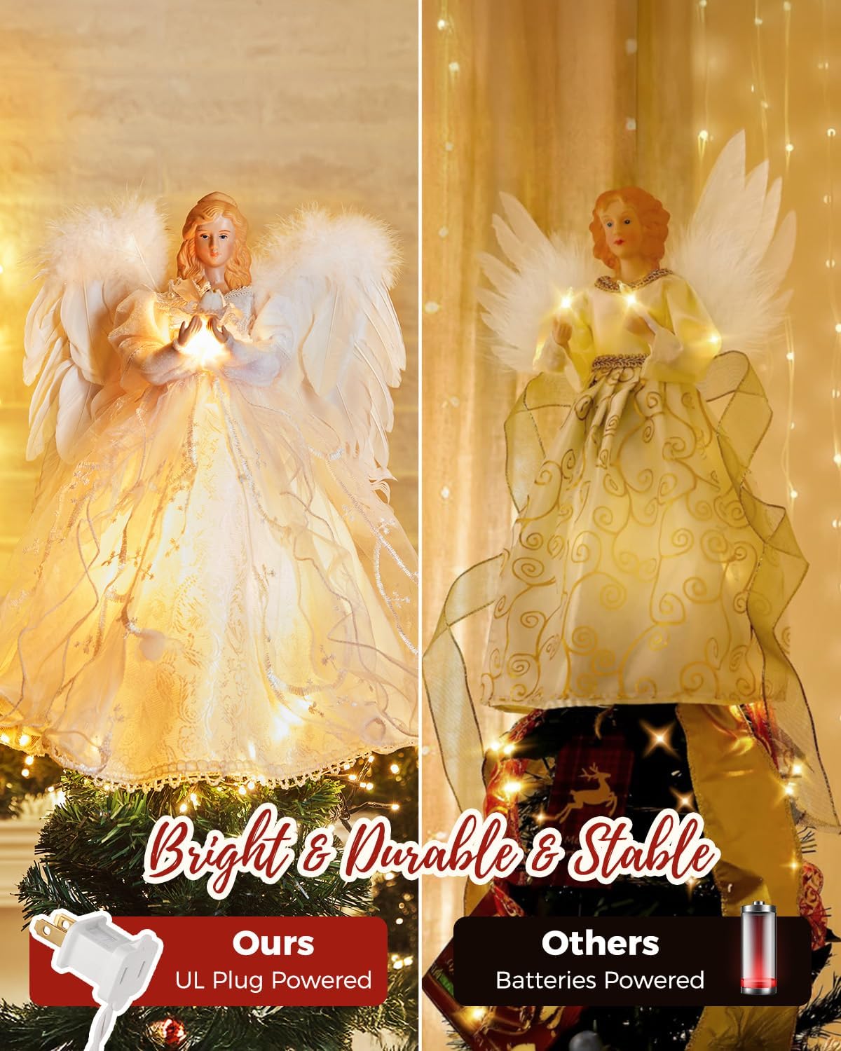 Christmas Tree Topper Angel with Lights, Xmas Tree Toppers Decorations Ornament with White Feather Wings, Plug in Christmas Tree Angel Treetop for Indoor Office Holiday