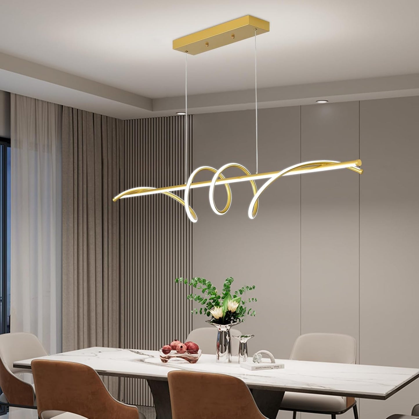 Modern Design Dimmable Desk Linear Pendant Light, with Remote Control Dimmable 3 Color Mode & Brightness Ceiling Lamp, Anti-Flicker Dining Light Fixture for Kitchen, Dining Room (Gold, 47IN)