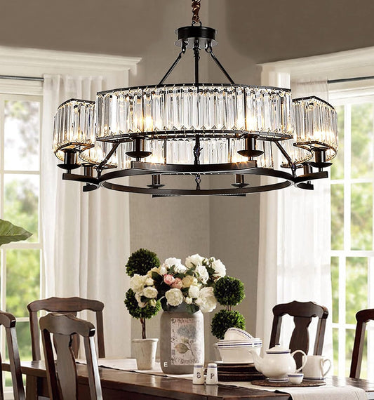 Farmhouse Crytal Chandeliers Dining Room Pendant Light Fixture Black Chandelier with K9 Crystal for Living Room Dining Room Foyer High Ceiling