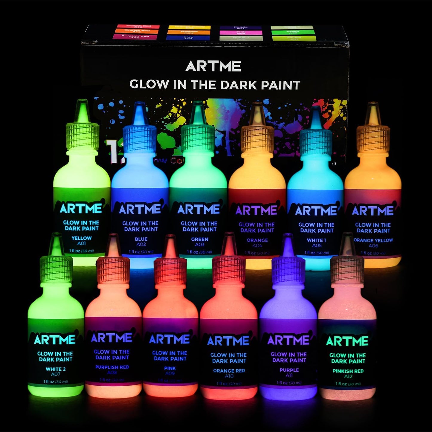 ARTME Glow in The Dark Paint, Glow Paint Set of 12 Bright Colors 30ml/1oz, Long Lasting Glow Fluorescent Perfect for Art Painting, DIY projects, Easter, Halloween, and Christmas Decorations