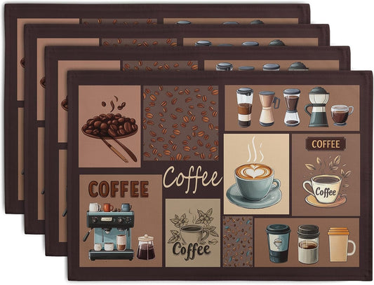 Coffee Theme Placemats Set of 4 Farmhouse Style Brown Linen Fabric Table Mat 12x18 Inch Washable Heat Resistant Non-Slip Place Mats for Home Party Kitchen Dining Decor