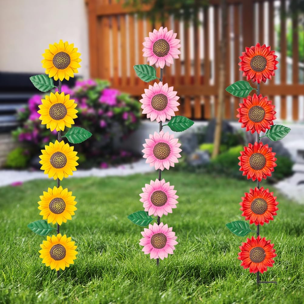 3 Pack Sunflowers Garden Stakes Decor,Metal Yard Art Decorative Garden Stakes,Metal Flowers Spring Garden Decor for Outside,Landscape,Patio(22.6 * 4.7IN)