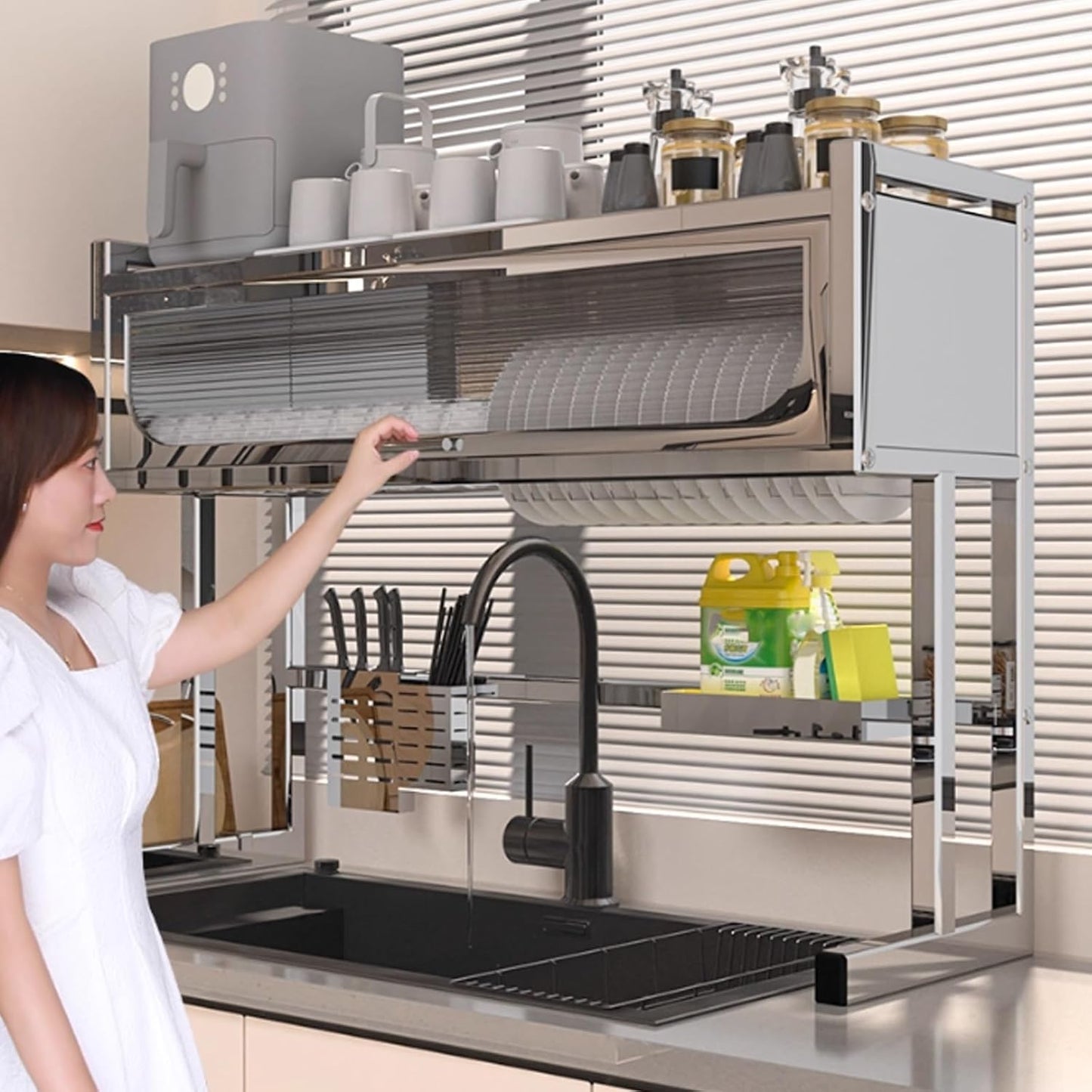 Home Furnishing Dish Rack Over Sink Stainless Steel Over The Sink Dish Drainer Drying Rack Space Kitchen Sink Rack Multifunctional countertop Dish Storage Rack Sink(Metallic,85cm/33.5in)