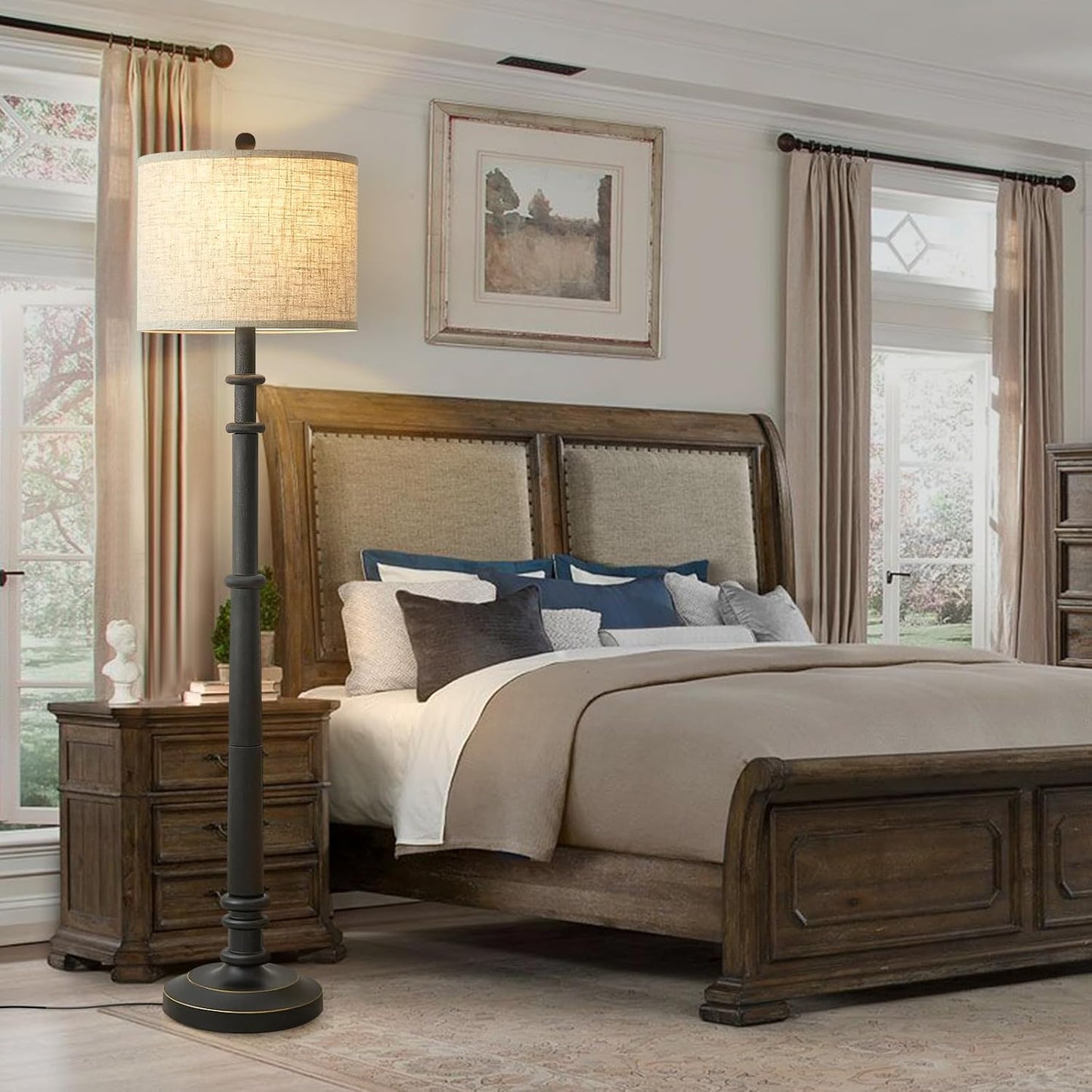 Floor Lamps for Living Room - 60" Resin Farmhouse Floor Lamp with 3 Color Temperatures - Vintage Standing Lamp Reading Light with Linen Shade Retro Tall Lamp for Bedroom Office, Black