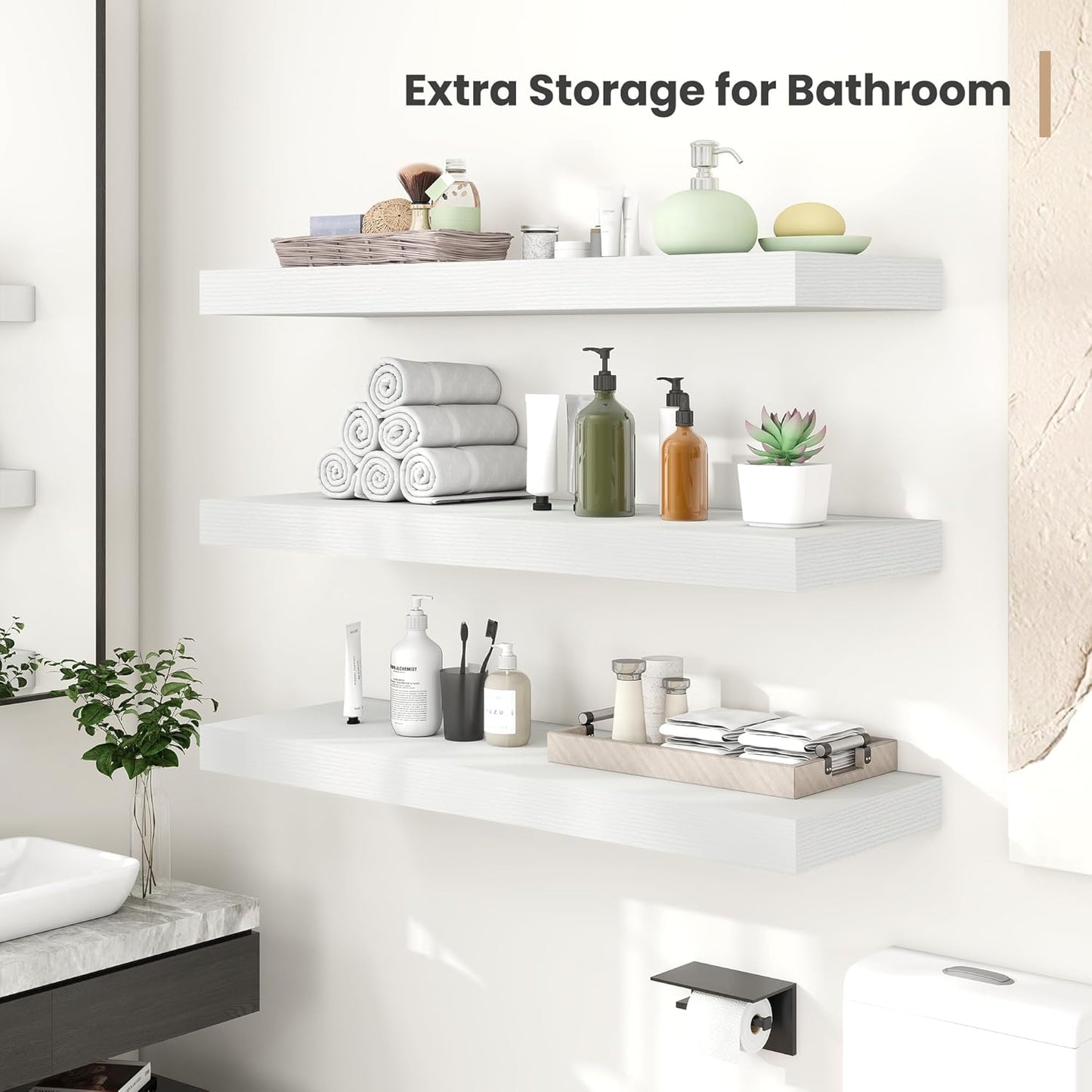 Heimlove 12 Inch Deep Floating Shelves, 48 x 12 inches Long Wall Shelf, Large Display Shelf & Storage Shelf, Rustic Wood Wall Shelves for Fireplace Mantel, Set of 2(White)