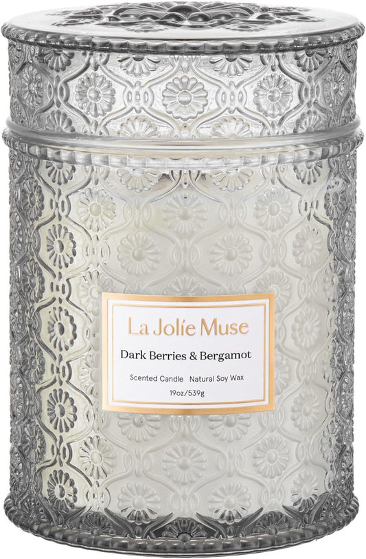 LA JOLIE MUSE Dark Berries & Bergamot Candle - Berries, Grape, Caramel | 19 oz Large Wooden Wick Candle | Natural Soy Wax | 90 Hours Clean Burn | Gift-Ready for Hosts & Gatherings | Elegant Home Décor