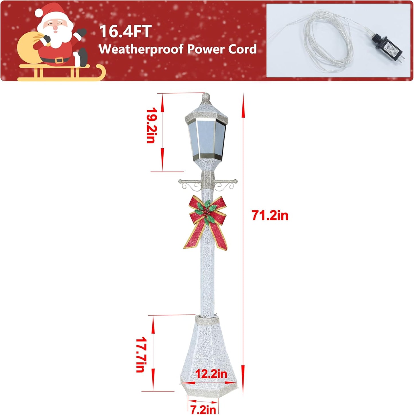 6FT Lighted Freestanding Lamp Post for Christmas Decoration, Pre-Lit Iridescent Post Lamp with 120 LED Lights & Removable Bow, Outdoor 3D Glittered Standing Festival Display, White