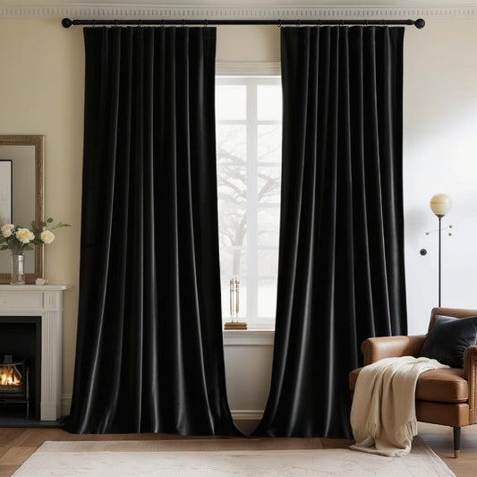MIULEE Black Velvet Curtains 96 inches Long 2 Panels - Luxury Pinch Pleated Room Darkening Window Drapes for Bedroom Living Room Thermal Insulated Super Soft Blackout, Back Tab Rod Pocket