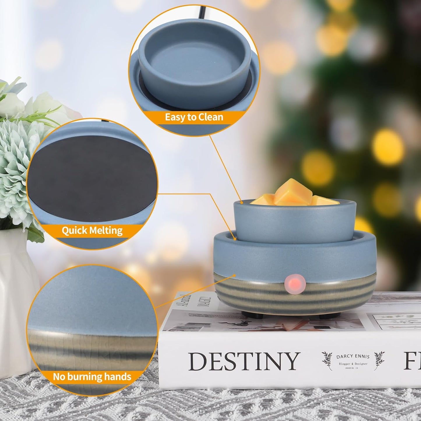 Ceramic Wax Melt Warmer,3-in-1 Electric Wax Warmer,Fragrance Wax Burner Candle Wax Warmer for Scented Wax and Home Decor, Thanksgiving Christmas Day Gifts for mom(Blue)
