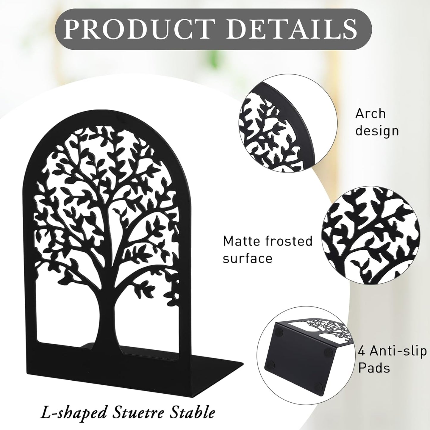 Faccito 5 Pairs Book Ends, Black Metal Bookends for Shelves Decorative, Non Skid Tree Stopper and Flower Shelf Holder for Heavy Books, Home Office School Supplies(Modern)