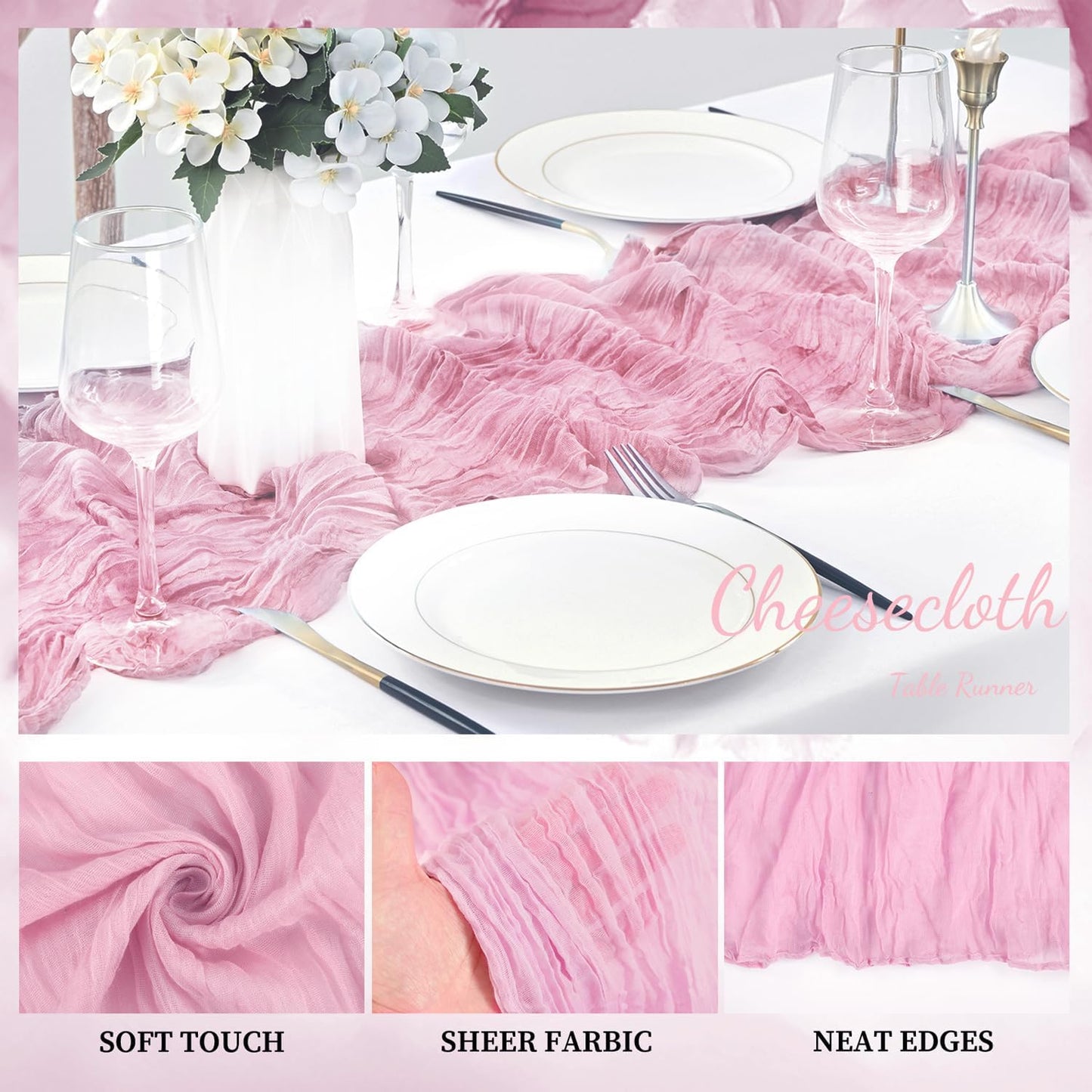 Light Pink Cheesecloth Table Runner 20 Pack 10FT Rustic Gauze Fabric Cheese Cloth Table Runner for Wedding 20 x 120 Inch Long Bridal Baby Shower Table Decorations Boho Sheer Birthday Party Table Decor