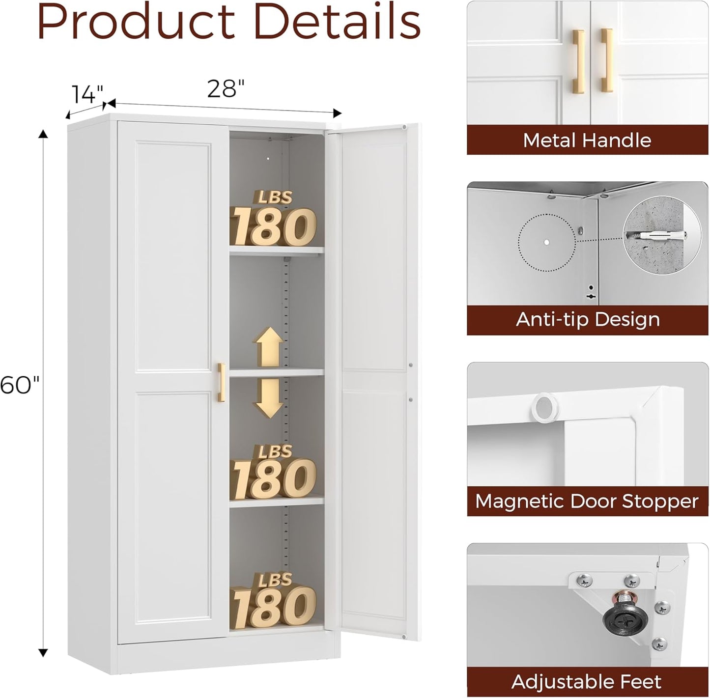 60" Tall Metal Pantry Cabinet, White Kitchen Pantry Storage Cabinet with 3 Adjustable Shelves and Gold Handles, Cupboard for Kitchen, Dining Room, Living Room, Bathroom