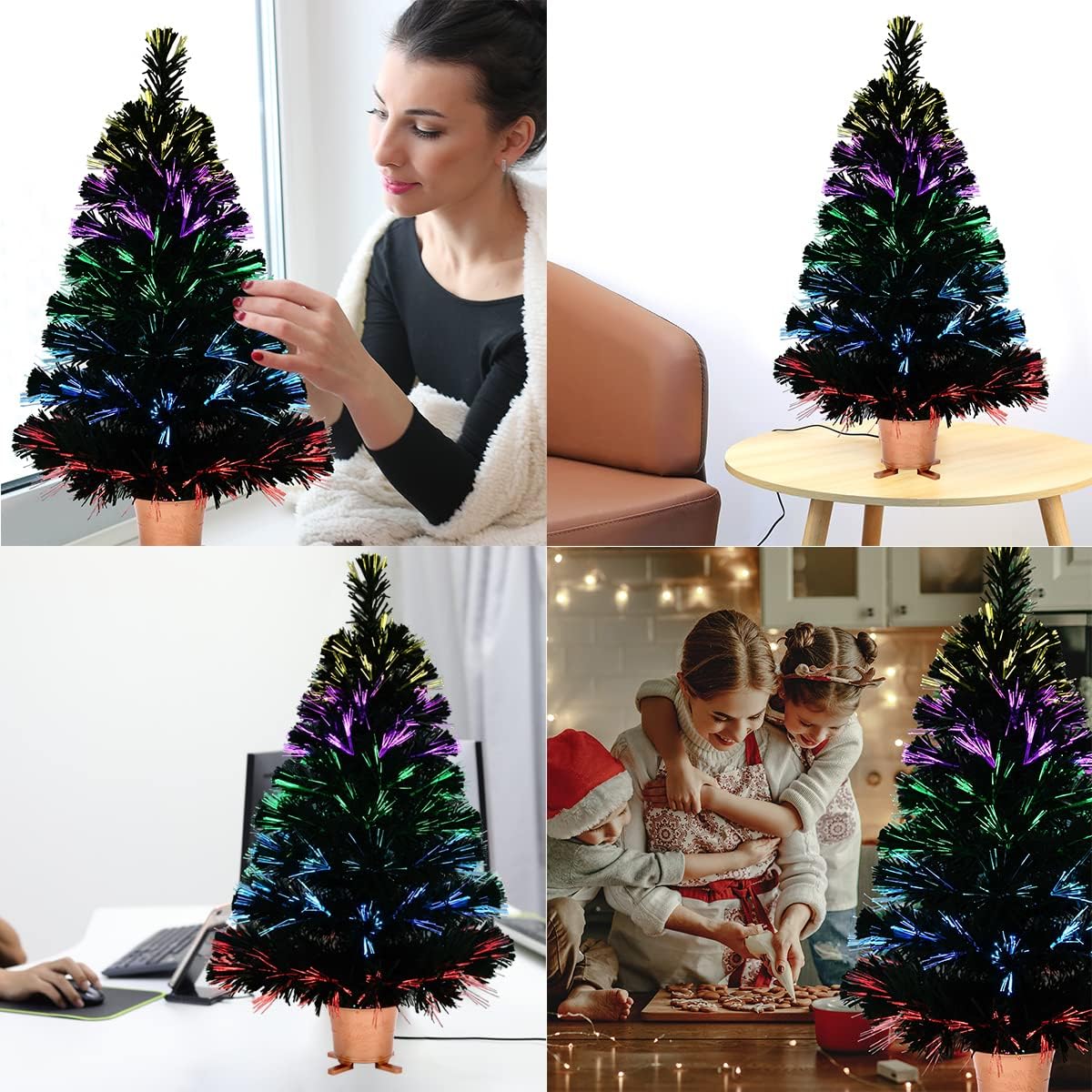 32 inch Green 5-Layer LightShow Small Fiber Optic Christmas Tabletop Tree with Gold Pot and Adaptor