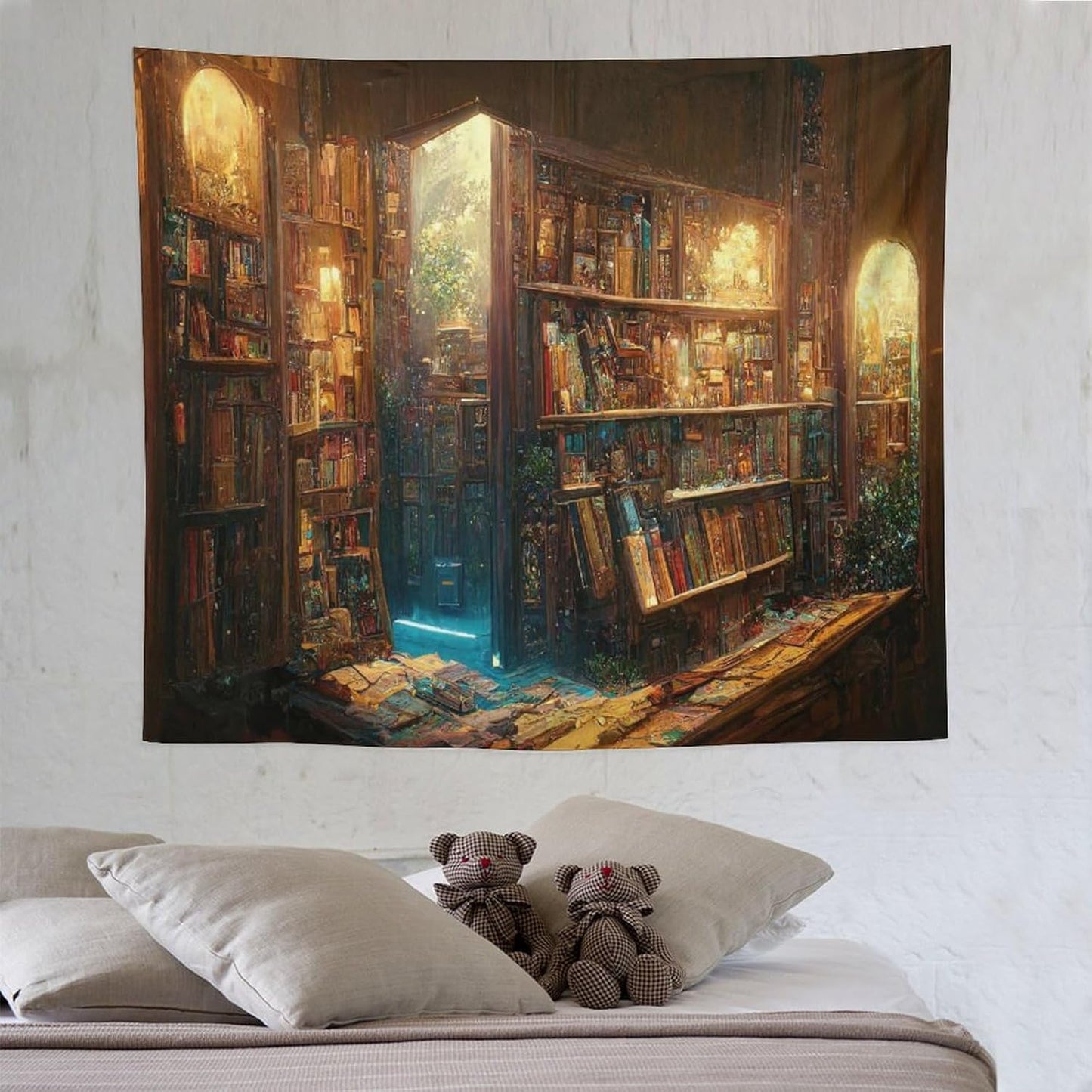 Kurtect Bookshelf Tapestry,Vintage Style Library Watercolor Art Theme Pattern Print Tapestries for Party Beach Picnic Blankets Tablecloths Living Room Wall Deocr, 50x60 in