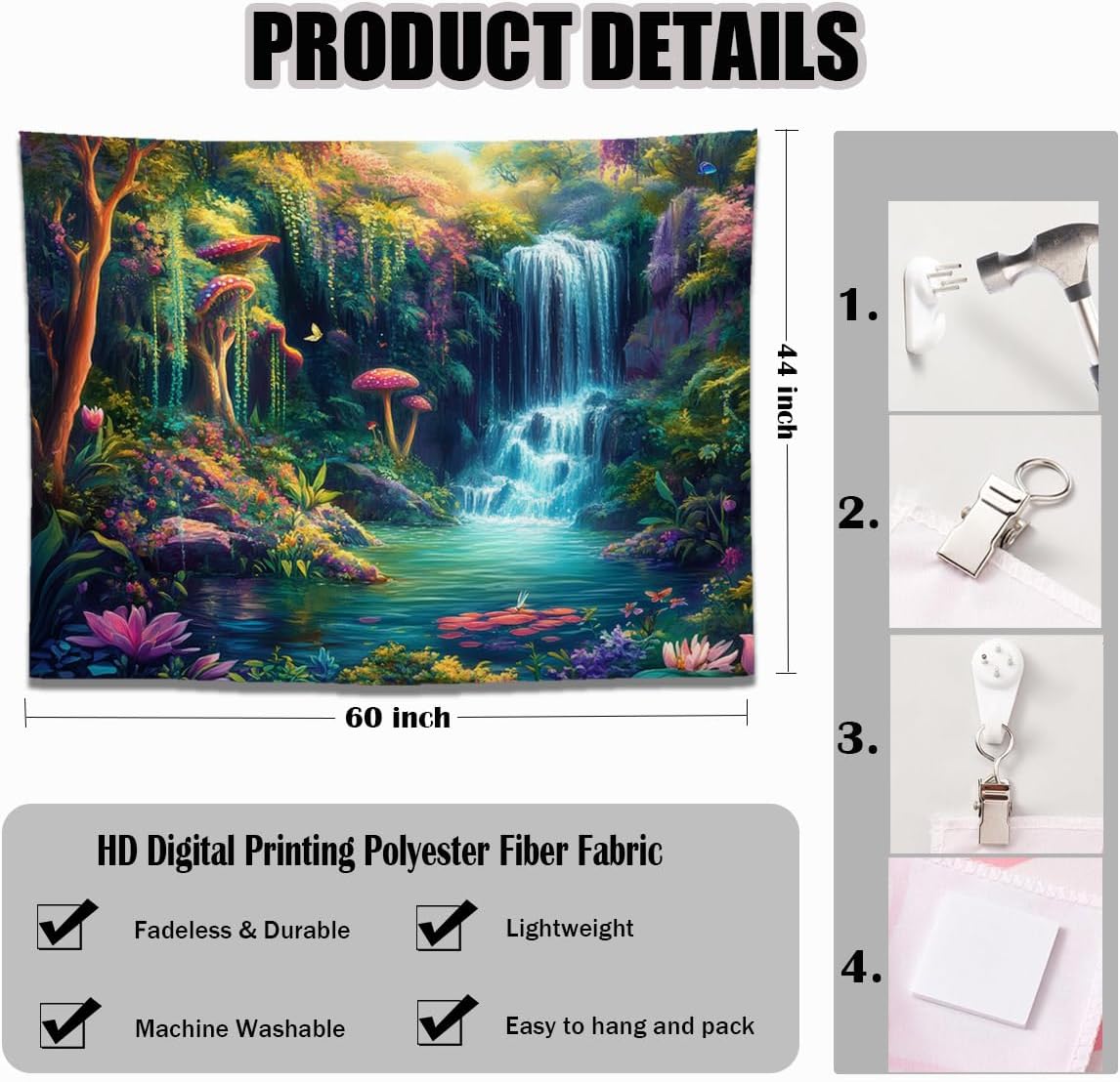 keowhsf Forest Waterfall Tapestry with Mushrooms and Flowers – Colorful Floral Plants Natural Landscape Wall Art, Fantasy Aesthetic Wall Hanging for Bedroom Decor