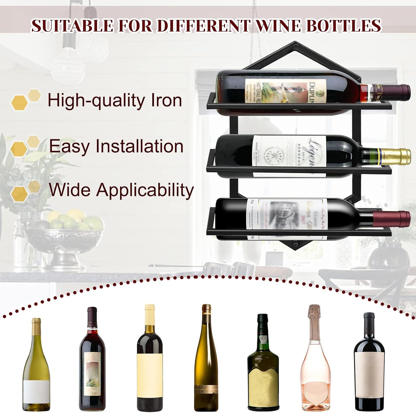 2Pcs Wall Mounted Wine Stemware Rack, Metal Hanging Wine Glass Display Holde Holds 3 Bottles, Elegant Storage for Kitchen Dining Room Bar Wine Cellar