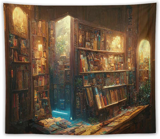 Kurtect Bookshelf Tapestry,Vintage Style Library Watercolor Art Theme Pattern Print Tapestries for Party Beach Picnic Blankets Tablecloths Living Room Wall Deocr, 50x60 in