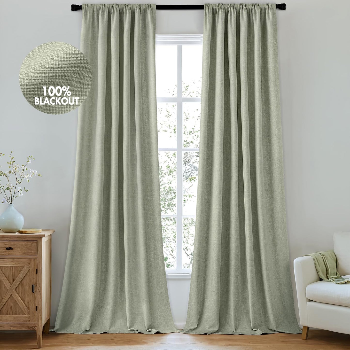 MIULEE 100% Blackout Curtains 90 Inch Long 2 Panels for Bedroom, Thick Luxury Faux Linen Black Out Curtain Room Darkening Back Tab Pleat Window Textured Drapes with Hooks for Living Room, Sage Green