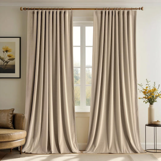 MIULEE Velvet Curtains 108 Inches Long 2 Panels - Pinch Pleated Luxury Room Darkening Curtains for Bedroom Living Room Thermal Insulated Super Soft Window Drapes Rod Pocket, Camel Beige