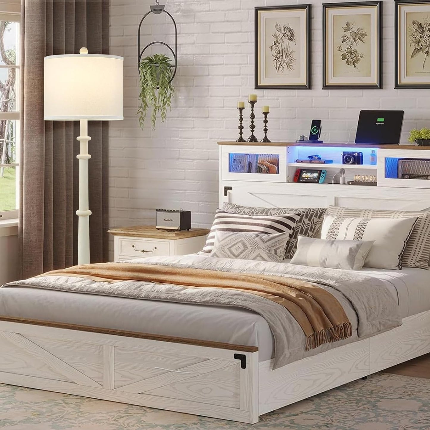 Floor Lamps for Living Room - 60" Resin Farmhouse Floor Lamp with 3 Color Temperatures - Vintage Standing Lamp Reading Light with Linen Shade Retro Tall Lamp for Bedroom Office, Almond White