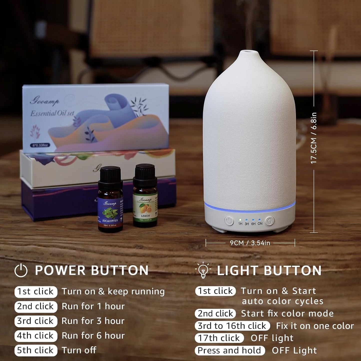 200ML Ceramic Essential Oil Diffuser - Ultrasonic Aromatherapy & Humidifier with 7-Color LED Lights, Auto Shut-Off, White, 1H/3H/6H Timer | Scent for Home,Office,Yoga