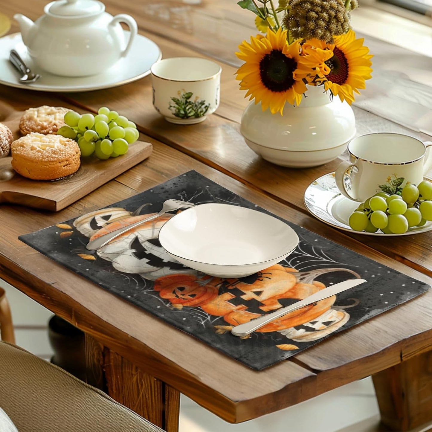 Halloween Pumpkins Spider Web Placemats Set of 4 Black Gray Scary Pumpkin Fall Linen Table Place Mat 12x18 Inch Seasonal Heat Resistant Table Mats for Party Kitchen Dining Decoration