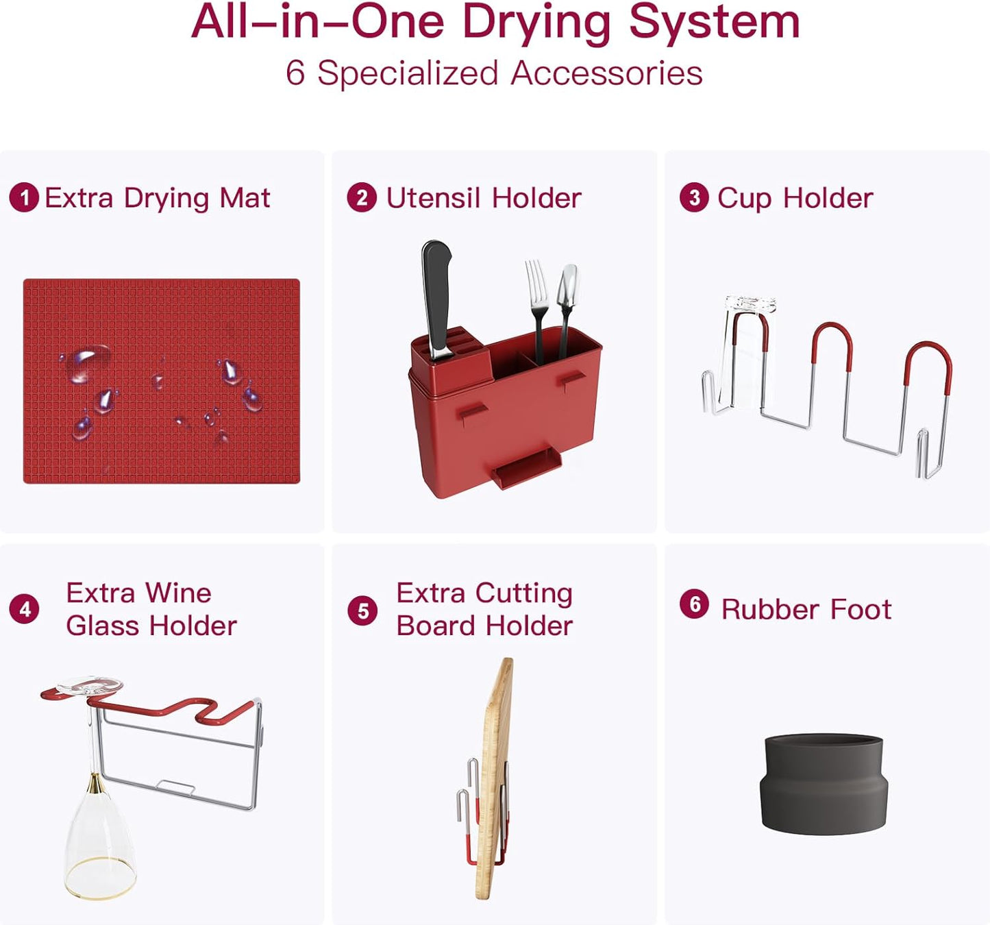 BOOSINY 2 Tier Red Large Stainless Steel Dish Drainers Drying Rack for Kitchen Counter with Drainboard, Rust Proof Metal, Space Saving, Modern Aesthetic, Compact Plates Strainers with Extra Mat