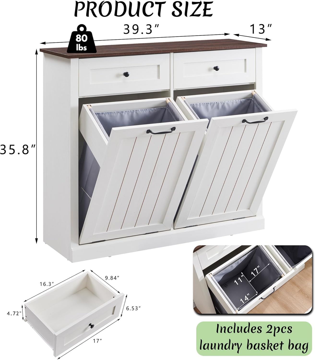 Double Tilt Out Laundry Hamper Cabinet, 20 Gallon Farmhouse Trash Can Cabinet with Drawer, Hidden Wood Garbage Can Bin Cabinets with Laundry Storage Basket for Bathroom, Kitchen (Antique White)