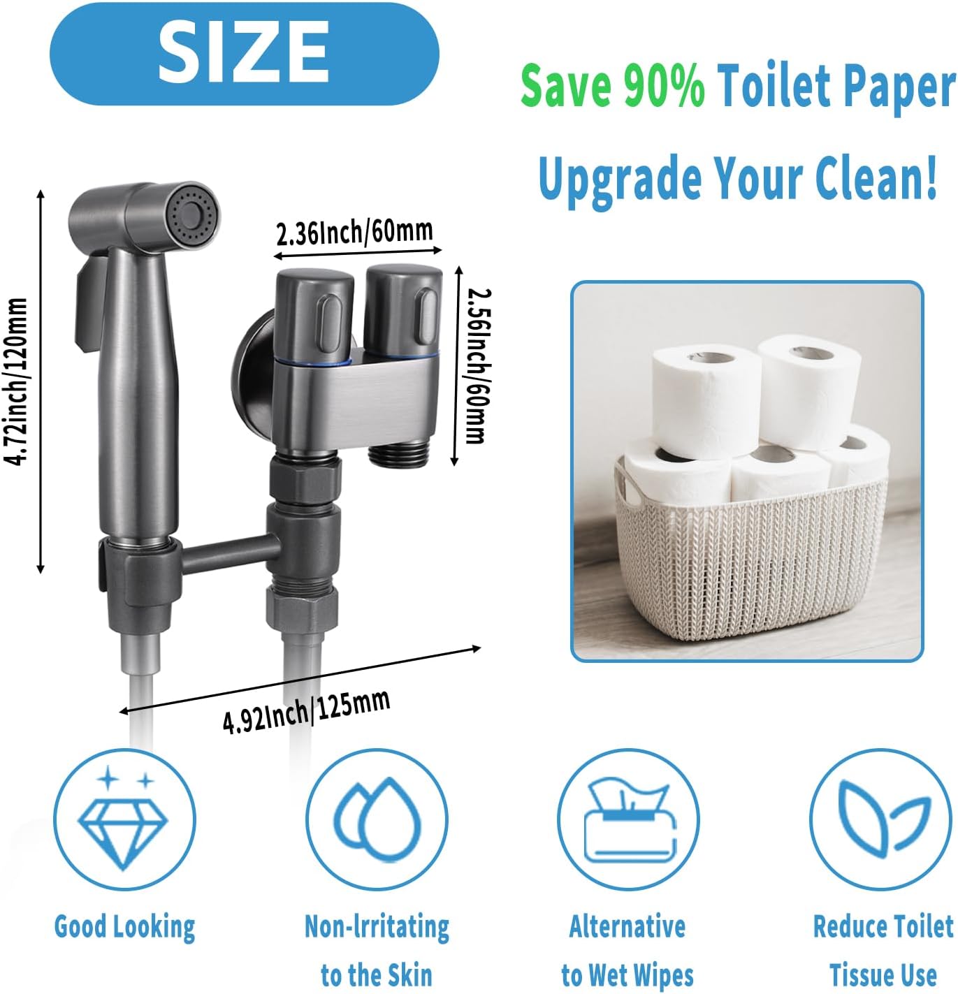 MLD Handheld Toilet Bidet Sprayer, Toilet Faucet Handheld Bidet Sprayers, Hand Shower Toilet Hose Sprayer Attachment for Water Spray and Cloth Diaper Wash (Grey)