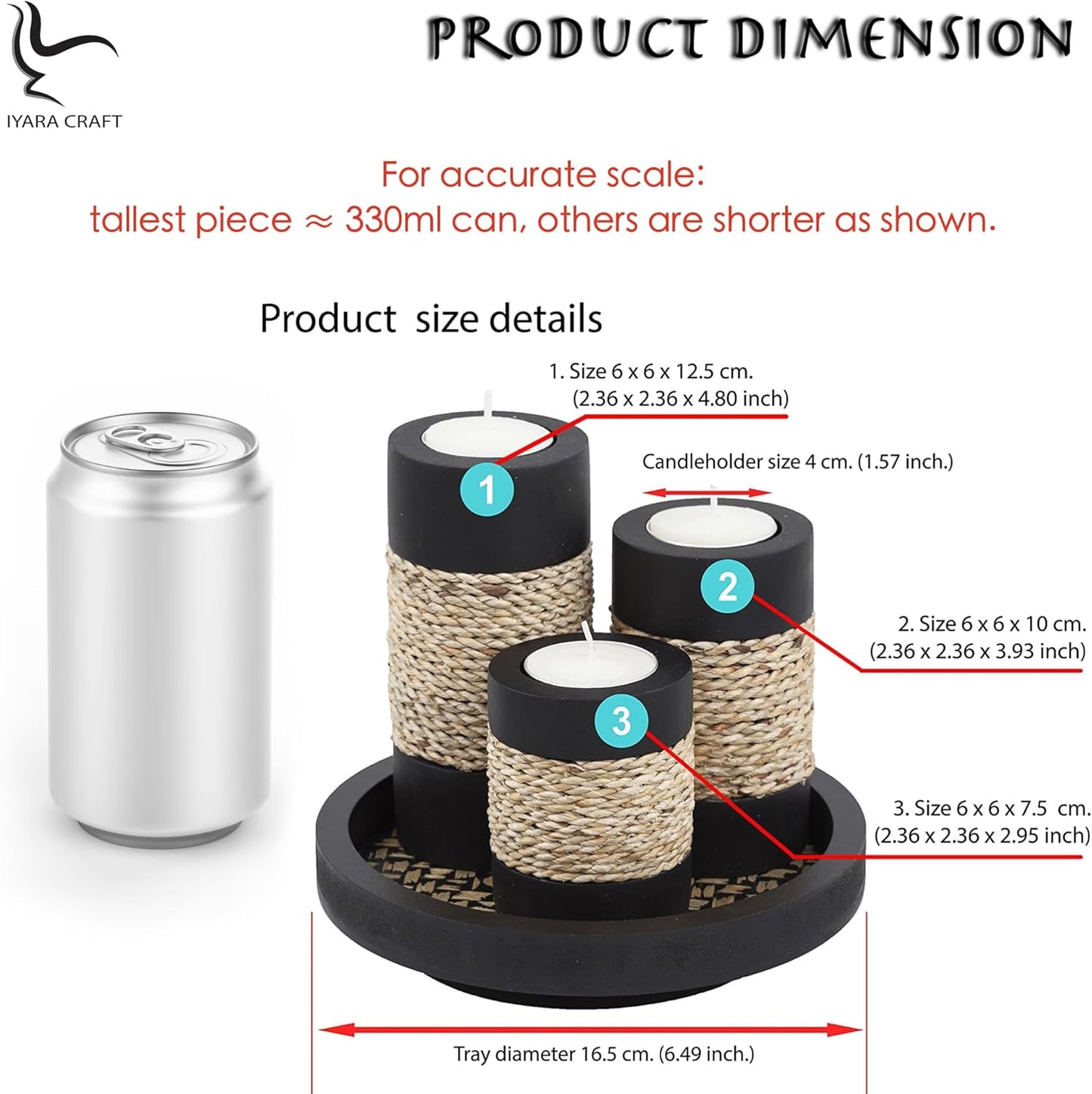 IYARA CRAFT Tealight Candle Holders with Tray – Set of 3 Handmade Wooden Candle Holders with Natural Rope Accent – Rustic Black Decor for Table Centerpiece, Office or Gift