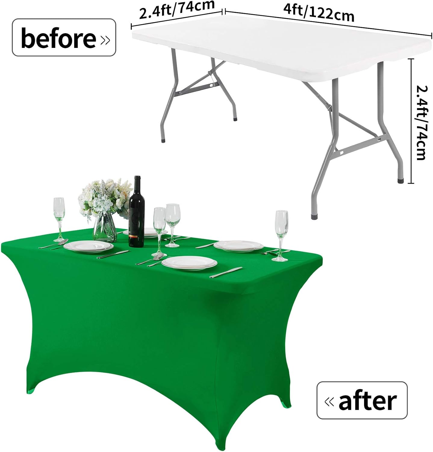 2Pack Spandex Table Cover for 4FT or 6ft or 8ft Table Universal Fitted Stretch Tablecloth for Party, Banquet, Wedding and Events-Emerald