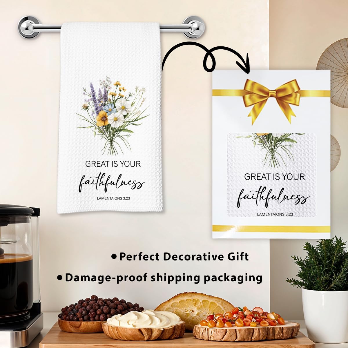 Christian Kitchen Towel, Waffle Weave Microfiber Scripture Hand Towel, Great is Your Faithfulness Bible Verse Farmhouse Decor for Kitchen Bathroom, Inspirational Gift for Women