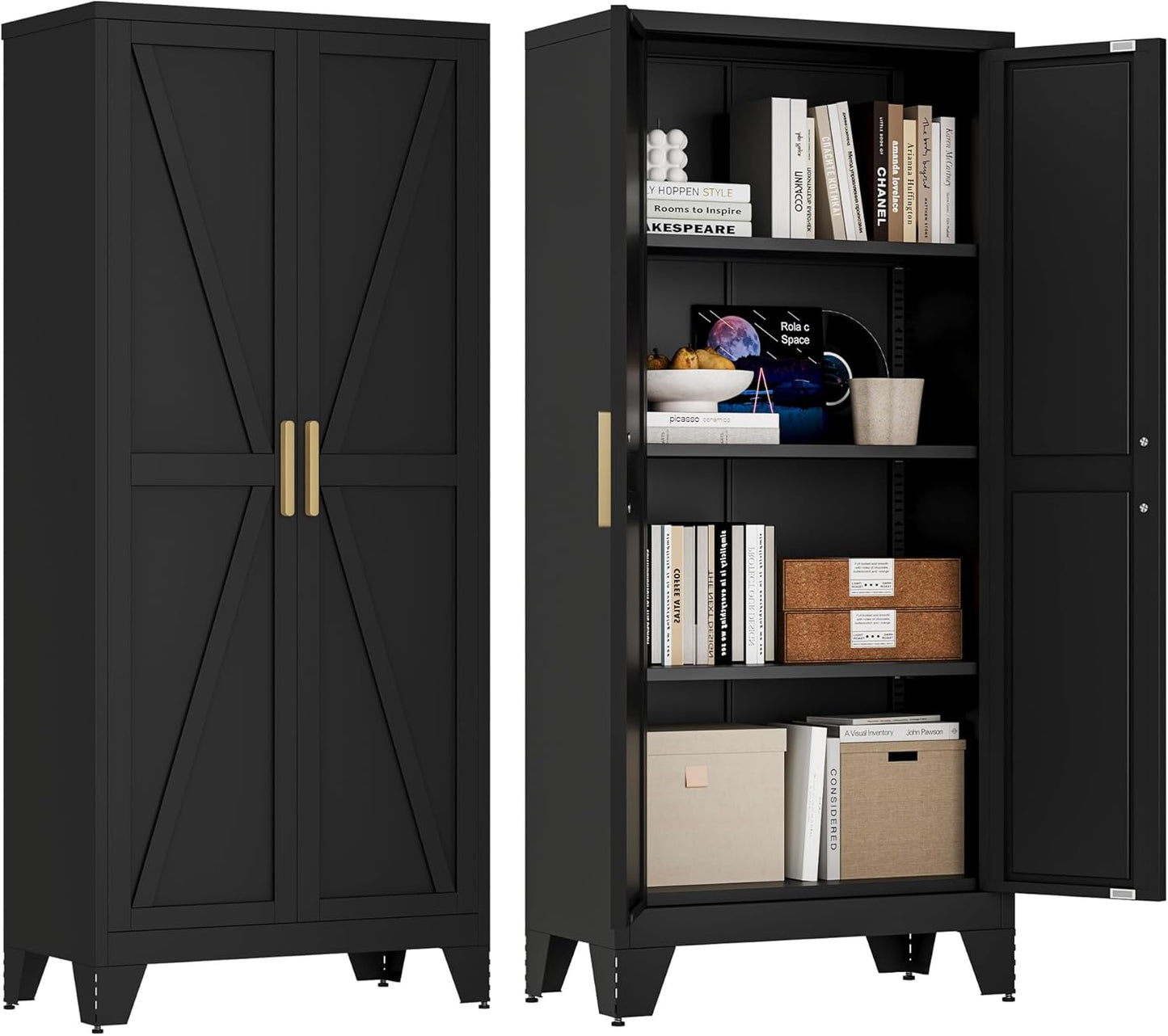 61" Tall Farmhouse Metal Pantry Cabinet, Kitchen Pantry Storage Cabinets with 2 Barn Door and Adjustable Shelves,Metal Pantry Storage Cabinet,for Kitchen,Laundry Room,Home Office,Kids Room (Black)