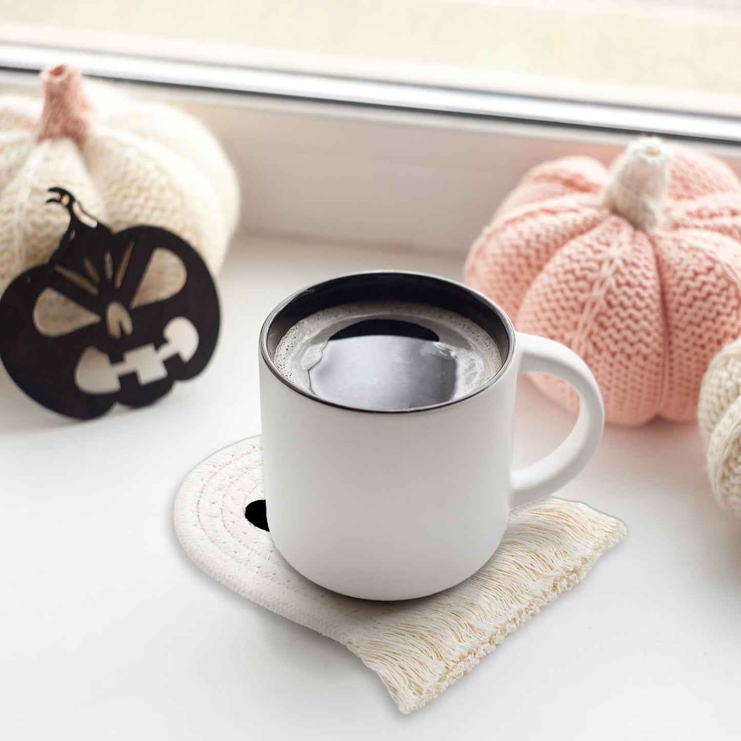 Whaline Halloween Ghost Cotton Coasters Cute White Ghost Shape Handmade Braided Drink Coasters Absorbent Cup Mats for Trick or Treat Party Home Table Decor, Set of 4