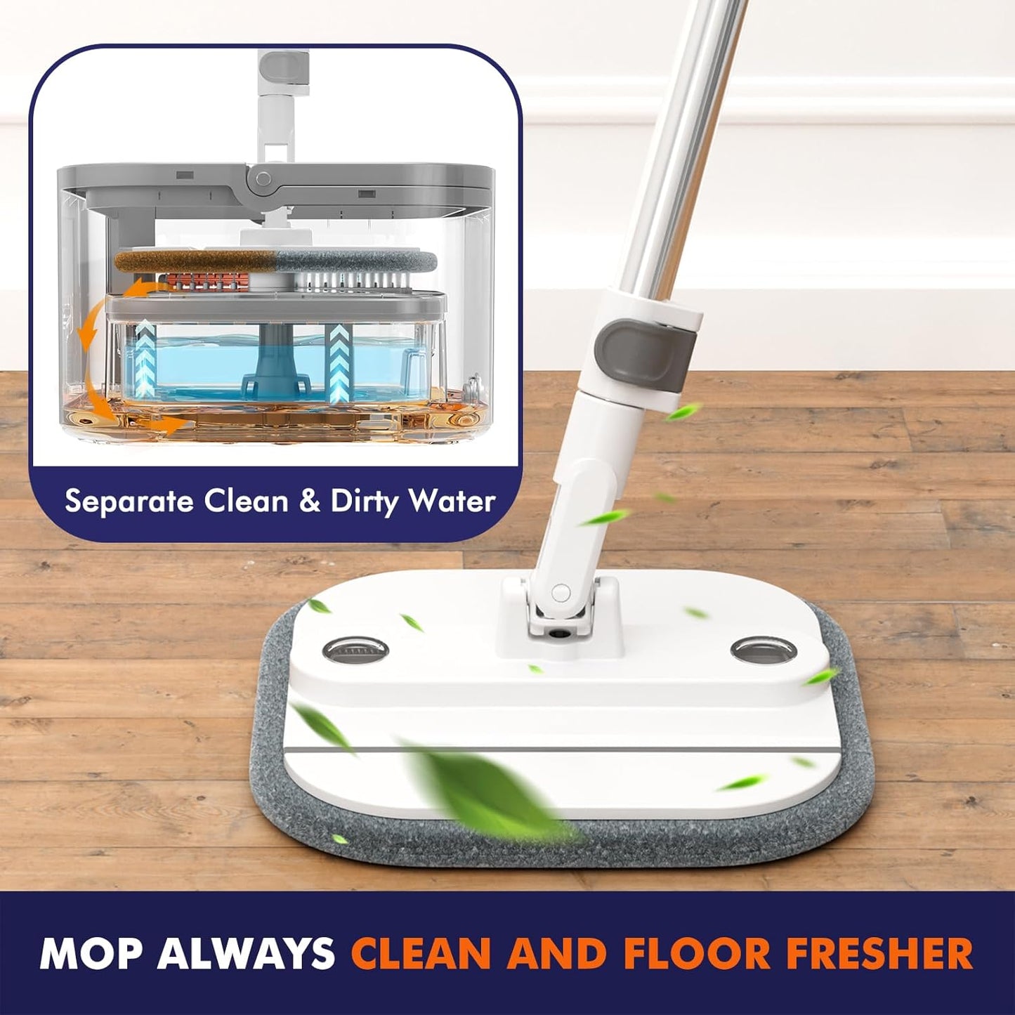 Upgraded Self-Standing Spin Mop and Bucket System, Detachable Inner Mop Bucket That Separates Dirty Water & 90° Foldable Head, Triple-Scrubbing System, for Hardwood Floors - White with 2 Pads
