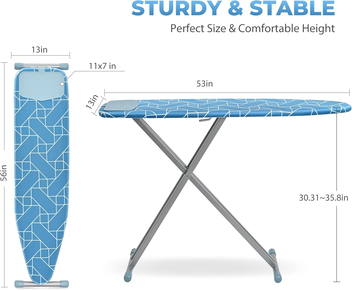 APEXCHASER Ironing Board with Silicon Iron Rest, Heavy-Duty Legs and Heat Resistant Cover, 13x53 inch, Blue