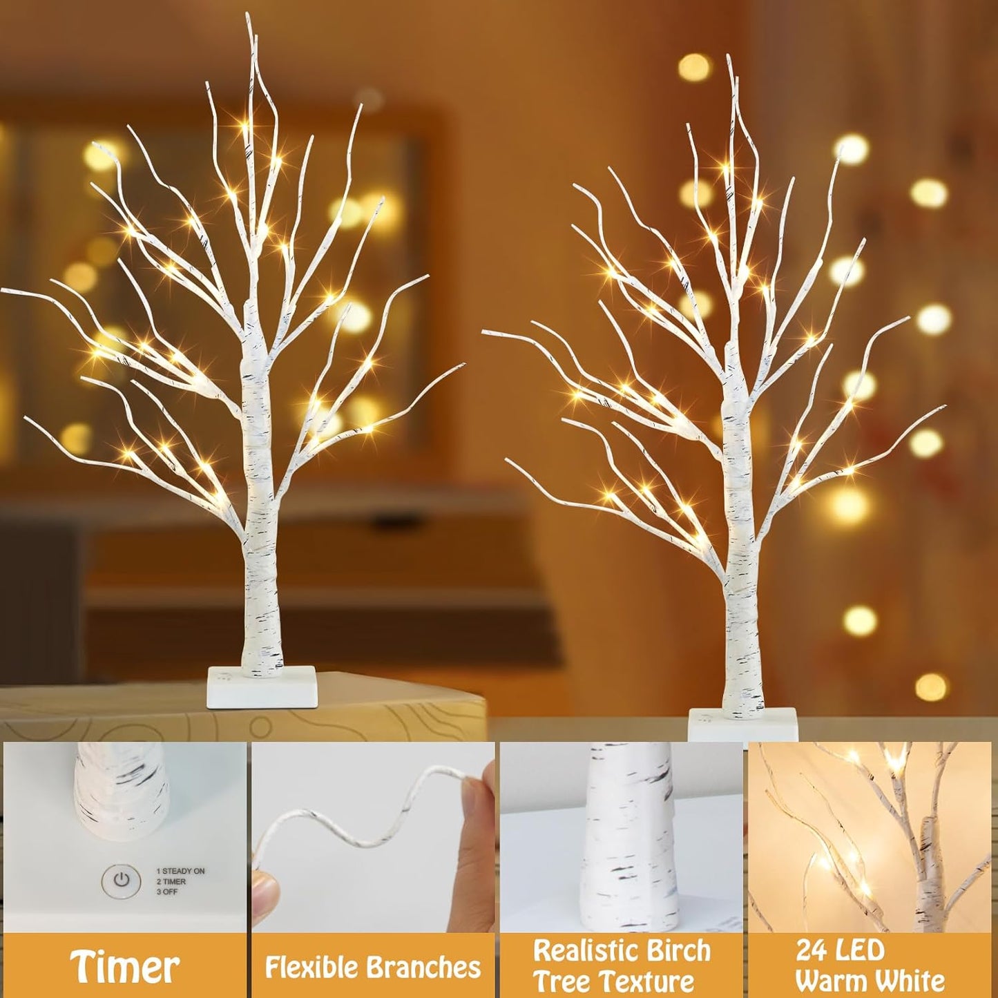 EAMBRITE Lighted Birch Tree Christmas Decorations Indoor for Home, 2Pack 24 LED Battery Operated/USB Tabletop Mini Small Artificial White Trees with Lights for Table Mantel Winter Xmas Decor (2FT)