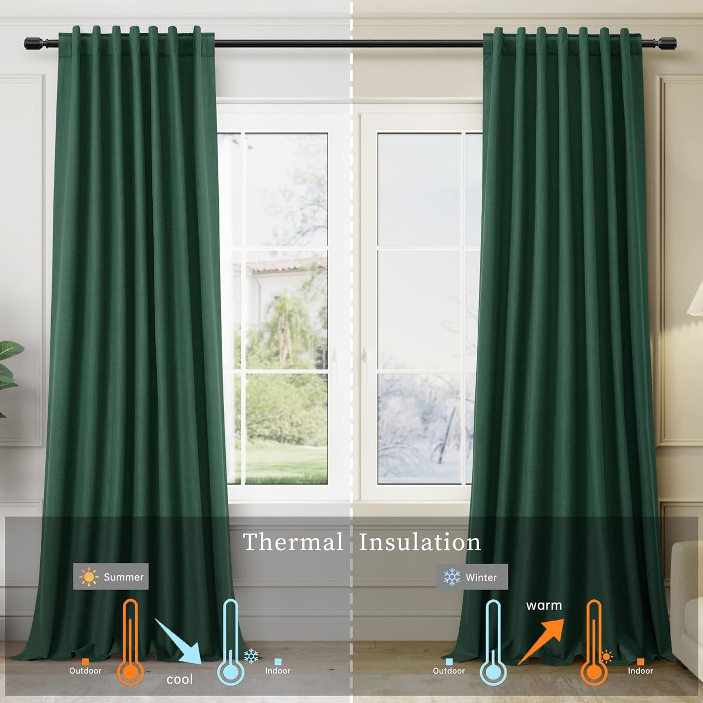 BOODII Green Blackout Curtains for Bedroom 80 Inch Length 2 Panels Set Room Darkening Curtains Linen Black Out Curtain Modern Thermal Insulated Living Room Drapes Back Tab 52x80