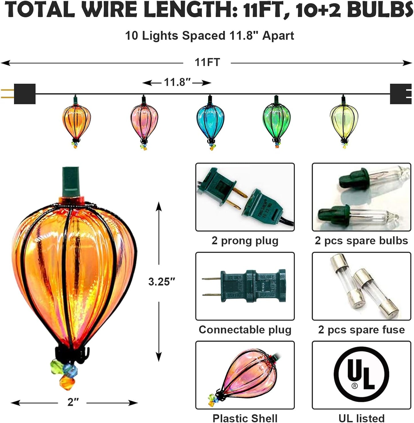 11FT Multicolor String Lights with 10 Bulbs, UL Listed Connectable Waterproof Decorative LED Lights Hanging for Backyard Patio, Indoor/ Outdoor for Christmas Wedding Party Festival Lighting(2pcs)