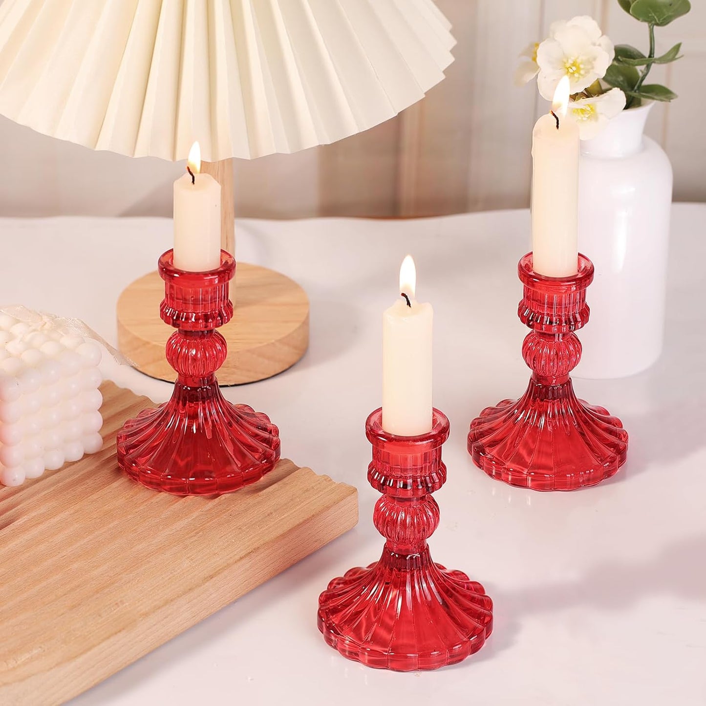 12PCS Red Candlestick Holders Set- 4" H Taper Candle Holders, Glass Candle Holders Bulk for Activities, Party, Home Table Centerpieces, Festival Gifts & Windowsill Decor