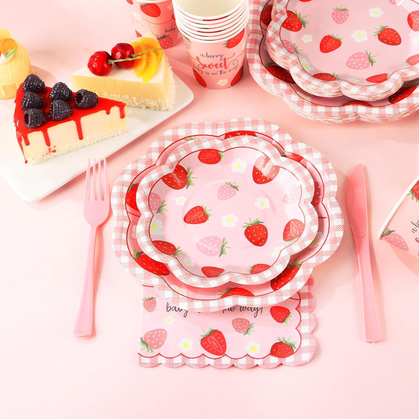Strawberry Baby Shower Decorations for Girl, Berry Sweet Baby Shower Plates and Cups and Napkins Sets Serves 24, Strawberry Plates, A Berry Sweet Baby Is On The Way Decorations, Girl