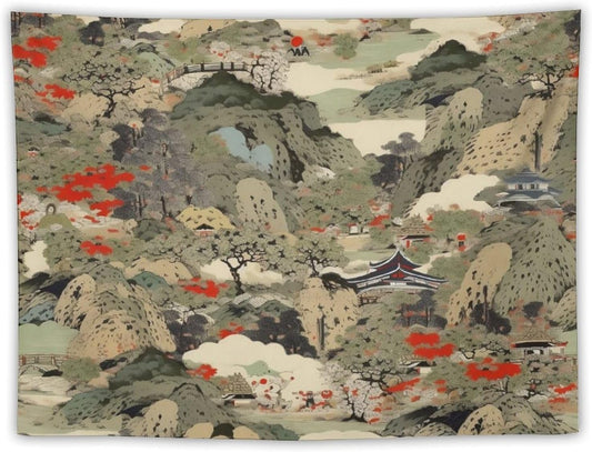 Asian Tapestry,Japanese Red Landscape Asian Watercolor Abstract Art Tapestry, Asian Japanese Wall Tapestry, Nature Landscape Tapestries for Bedroom Living Room Decor 90"x60"
