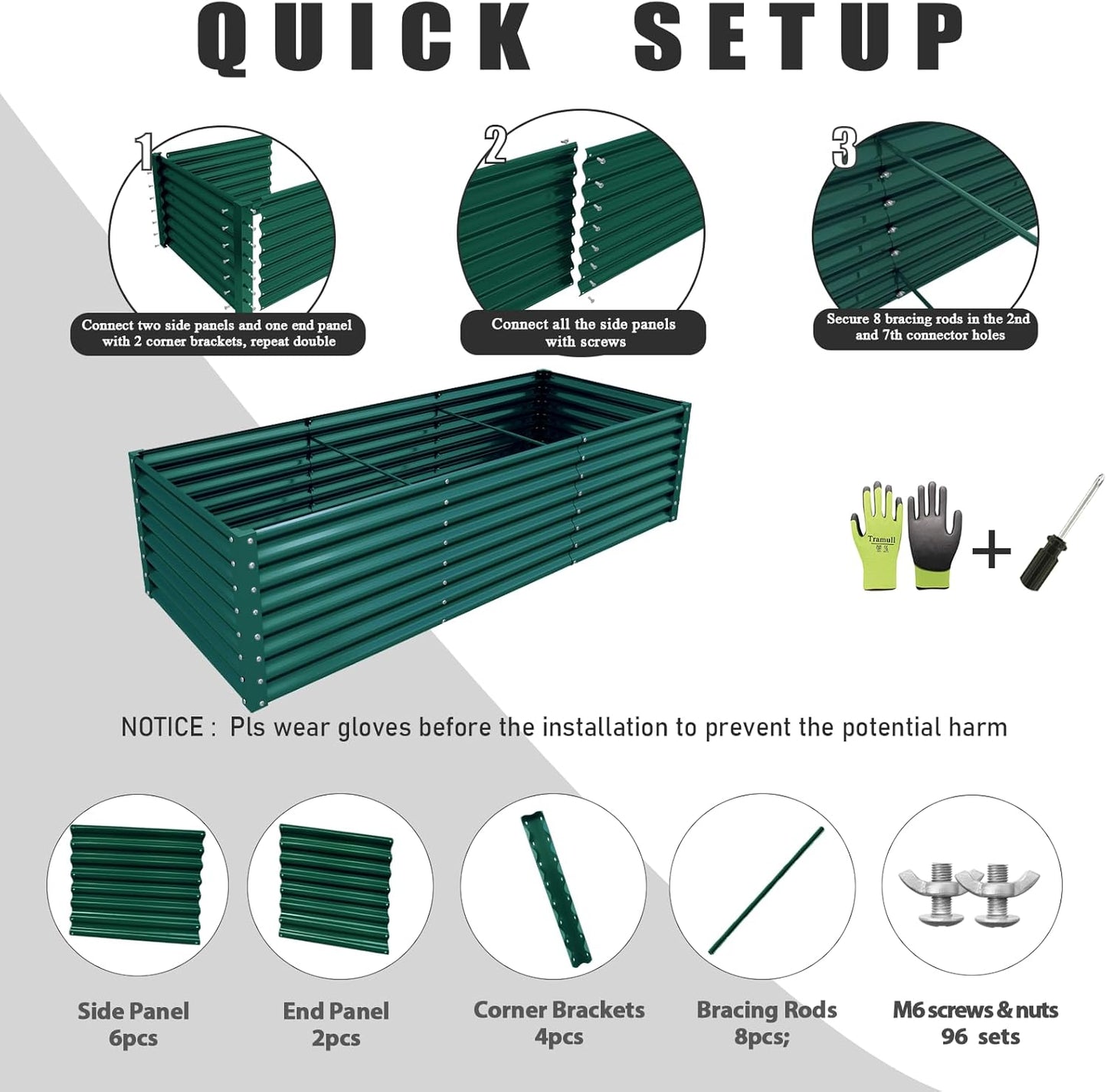 1 Pack 8x3x2FT Galvanized Raised Garden Bed Kit Retangular Metal Ground Planter Box Outdoor Bottomless Planter Raised Beds for Vegetables Flowers Herbs Fruits, Green