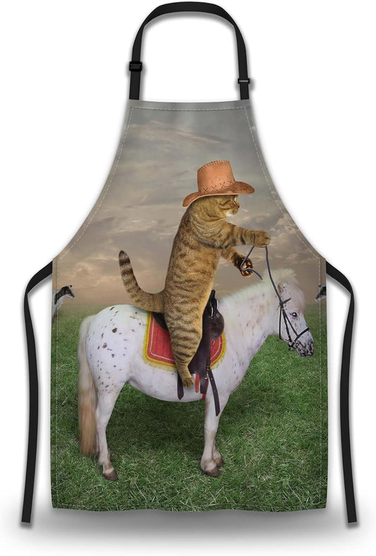 Kitchen Aprons for Women the Cat Cowboy on a Horse Mans Cooking Apron for Cooking Restaurant BBQ Painting Crafting Gardening 27” (W) x 31” (H), Waterproof Aprons