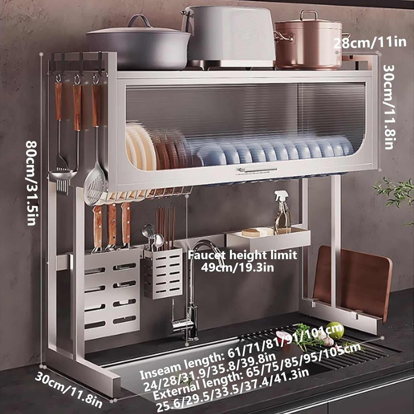 Home Furnishing Dish Rack Over Sink Stainless Steel Over The Sink Dish Drainer Drying Rack Space Kitchen Sink Rack Multifunctional countertop Dish Storage Rack Sink(White,95cm/37.4in)